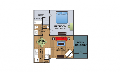 A2 - 1 bedroom floorplan layout with 1 bath and 703 square feet
