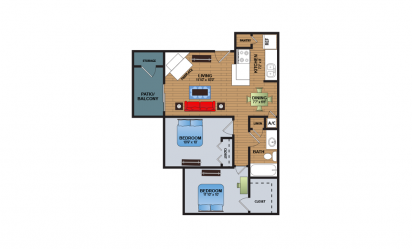 B1 - 2 bedroom floorplan layout with 1 bath and 897 square feet