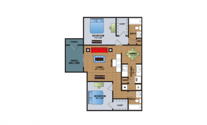 B2 - 2 bedroom floorplan layout with 2 bath and 965 square feet